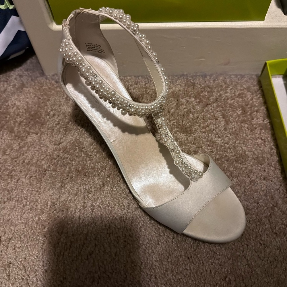 David's Bridal Pearl-Embellished Cream Heels
